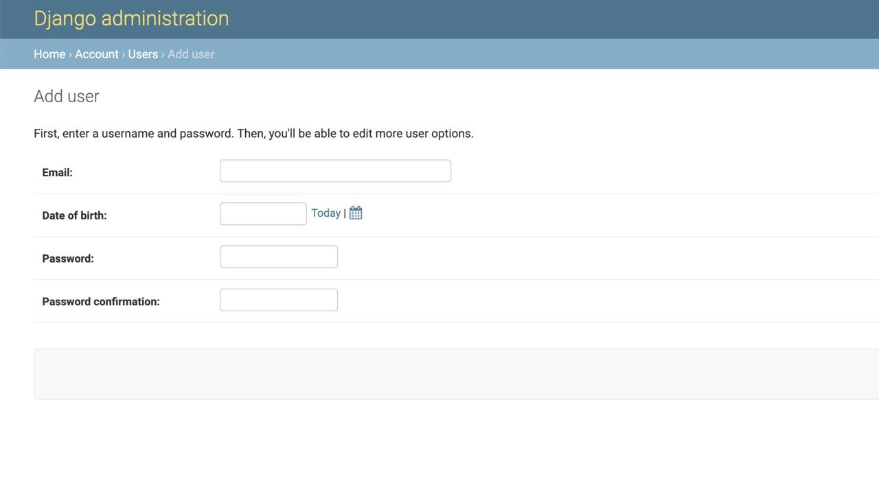 django Customm User Model - django admin page create new user 