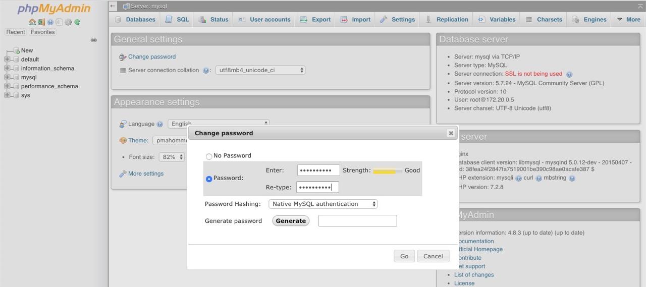 phpmyadmin new password