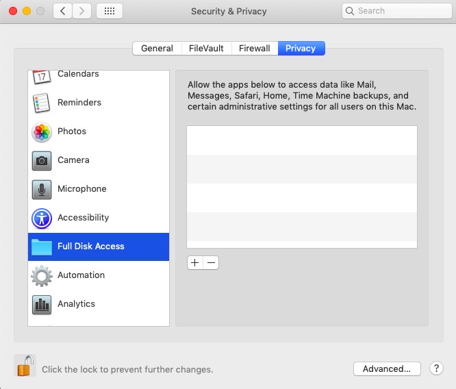 マック(mac)の開発環境の設定 - iTerm full disk access権限設定画面