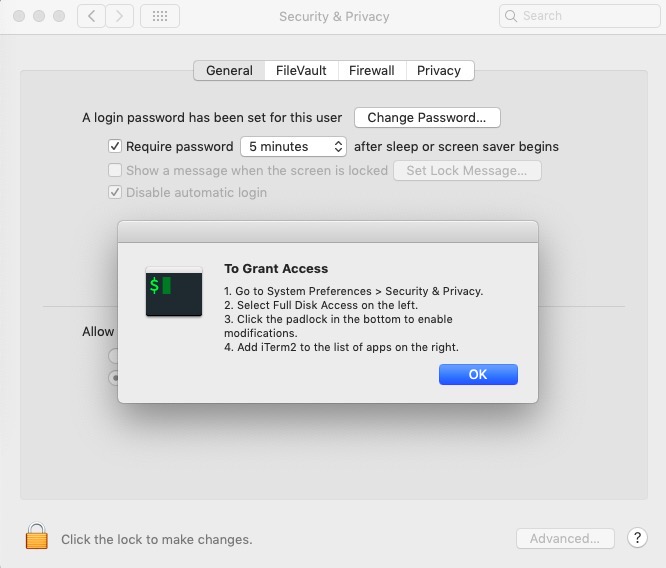 マック(mac)の開発環境の設定 - iTerm full disk access権限設定