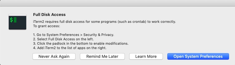 Development Environment on Mac - iTerm full disk access permission