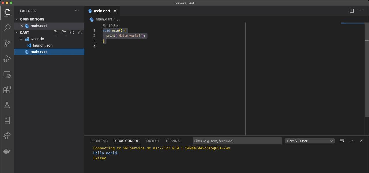 VSCode - Dart Hello world