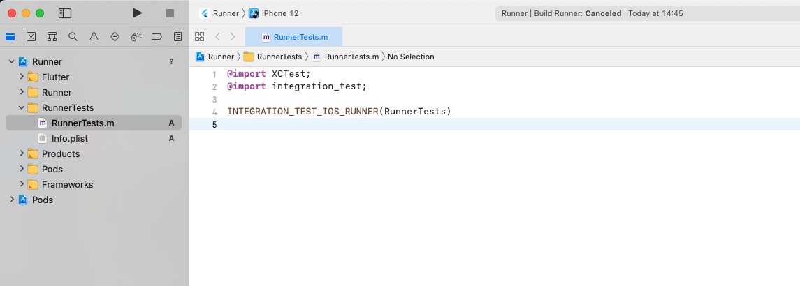 Flutter integration test - modify RunnerTests.m