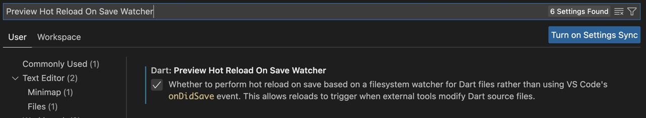 Flutter vscode settings - Hot Reload On Save Watcher