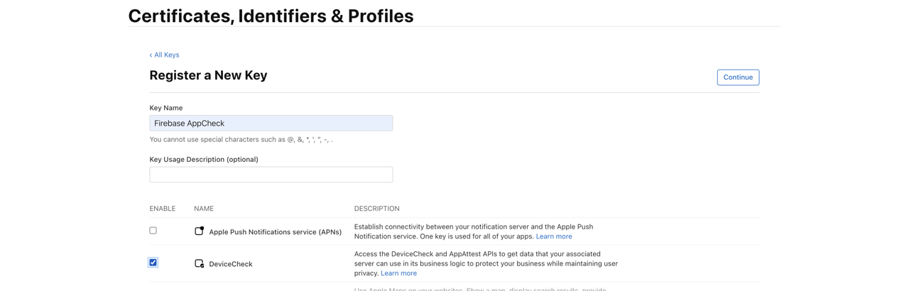 Flutter Firebase App Check - Apple Developer Add Key