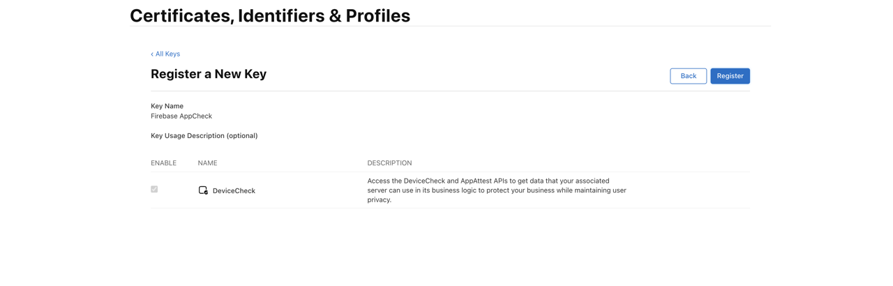 Flutter Firebase App Check - Apple Developer Create Key