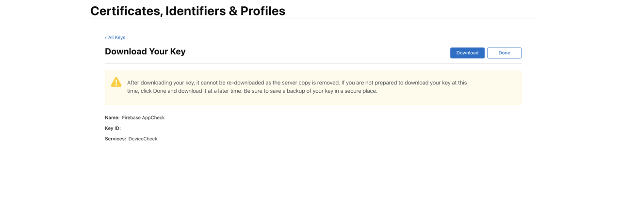 Flutter Firebase App Check - Apple Developer Download Key and Copy Key ID