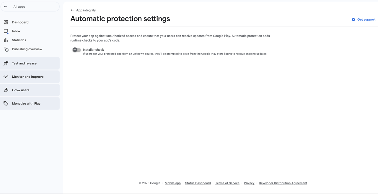 Flutter Firebase App Check - Android turn on installer check