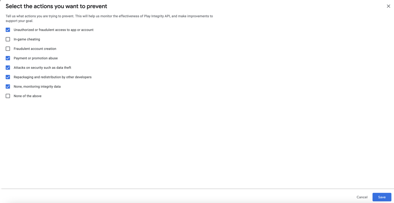 Flutter Firebase App Check - Android select the actions you want to prevent