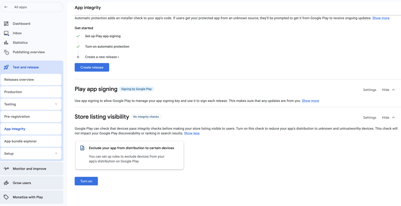 Flutter Firebase App Check - Android turn on store listing visibility