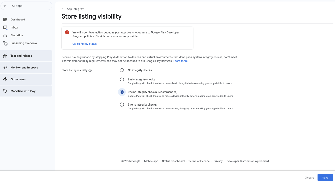 Flutter Firebase App Check - Android select device integrity checks