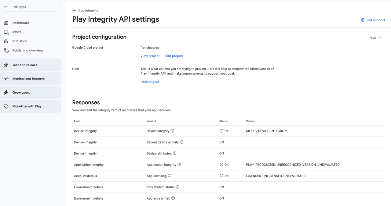 Flutter Firebase App Check - Google Play Console, update goal