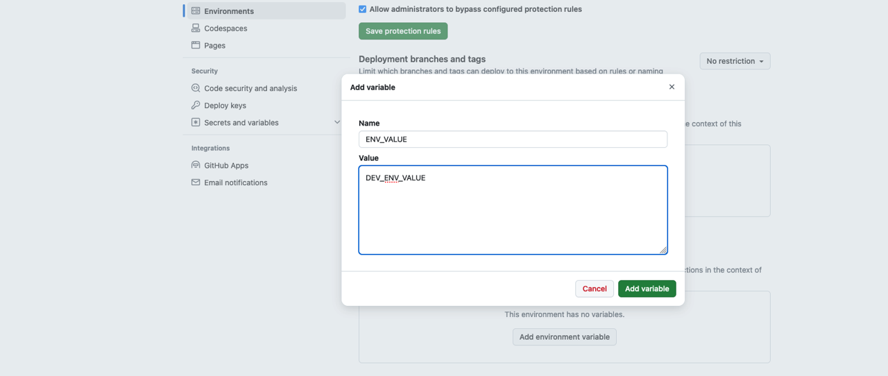 Execute GitHub Actions manually - Dev environment variable