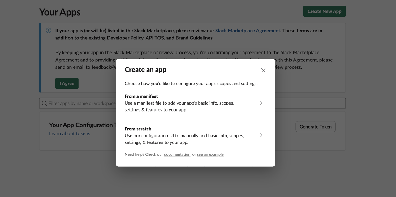 GitHub Actions Send Slack message - Create new Slack app options