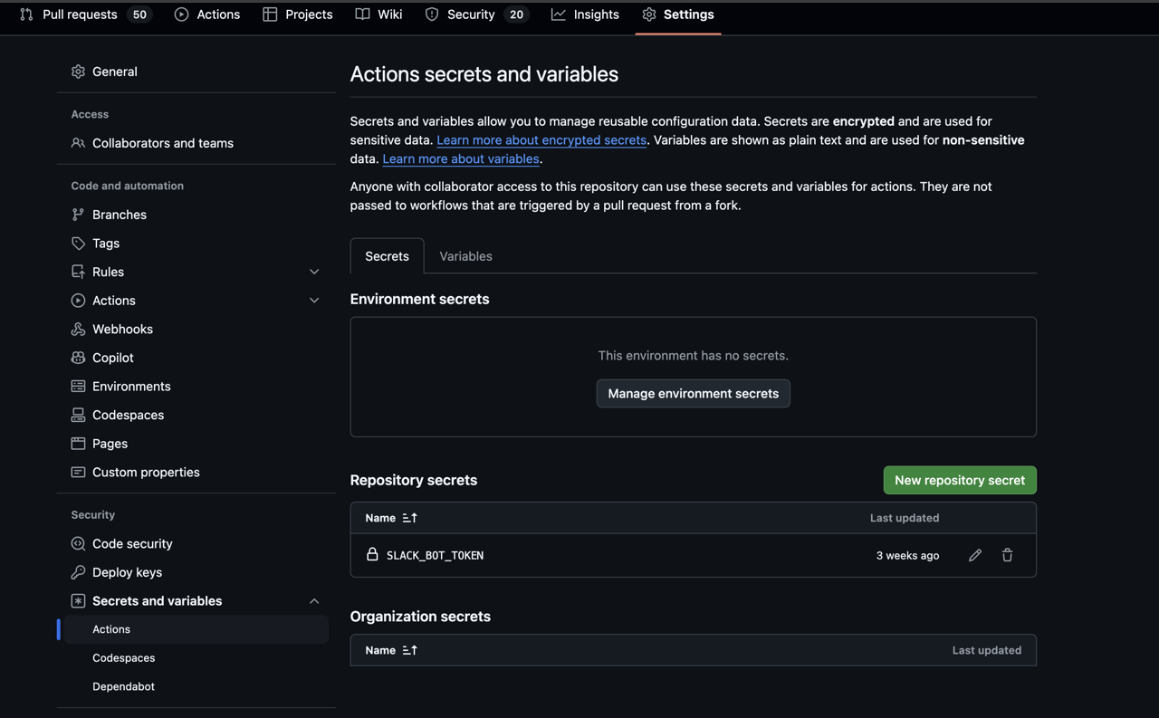 GitHub Actions Send Slack message - GitHub secrets and variables