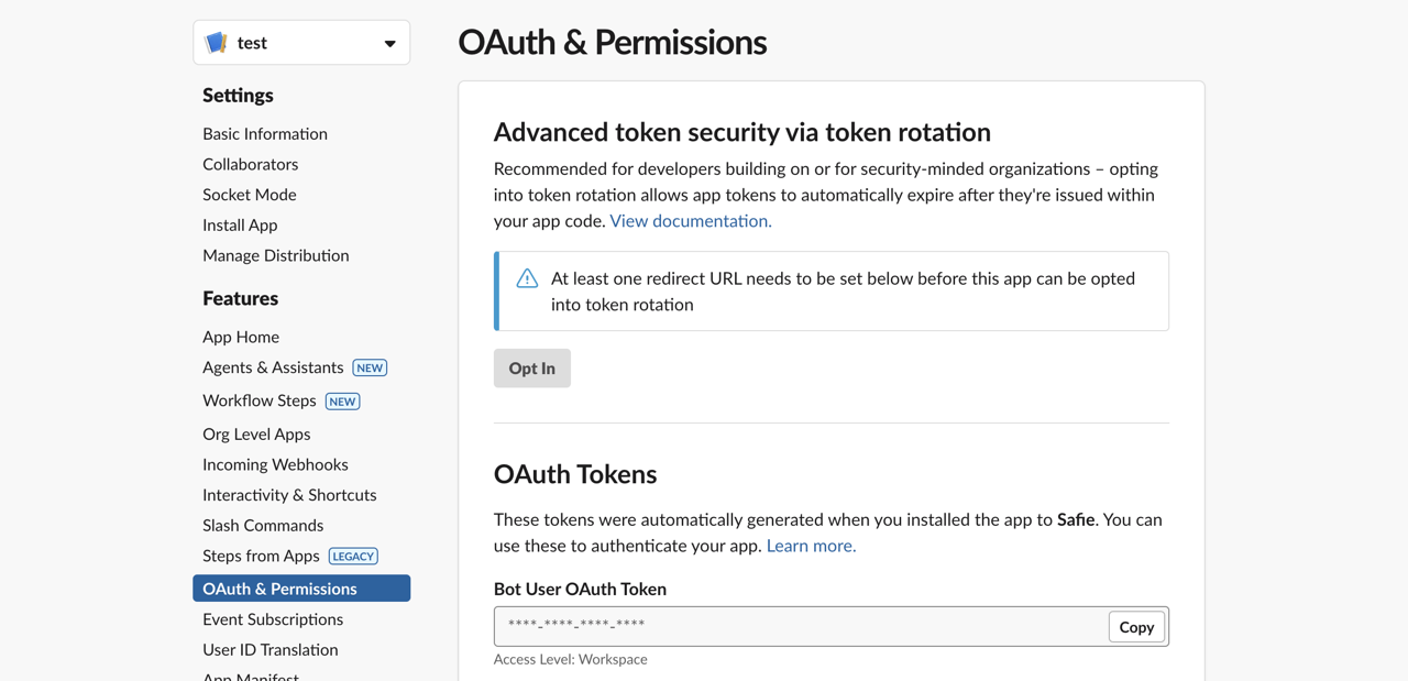 GitHub Actions Send Slack message - OAuth and Permissions Bot User OAuth Access Token