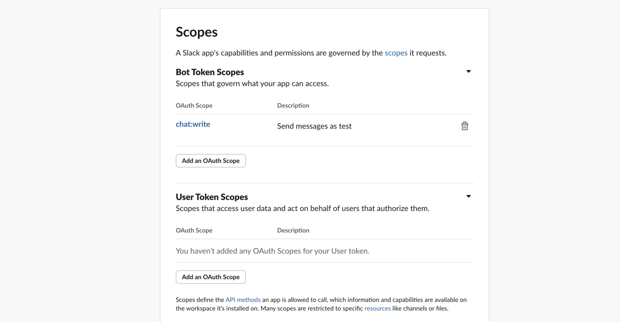 GitHub Actions Send Slack message - OAuth and Permissions scopes