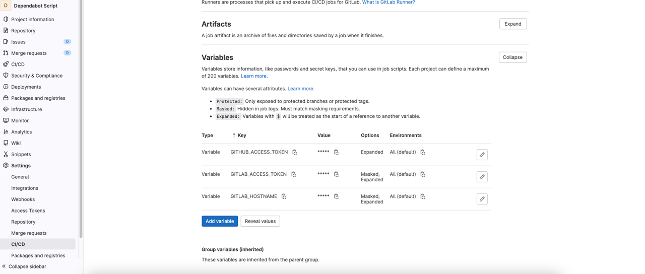 GitLab Dependabot - add token to CI/CD variables