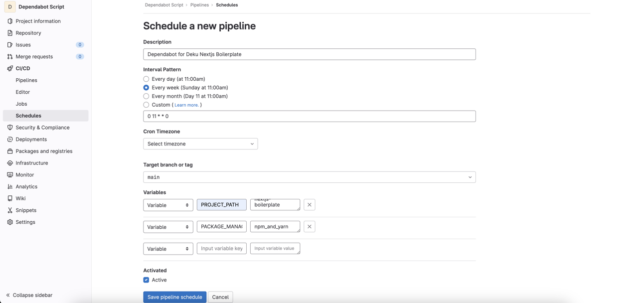 GitLab Dependabot - create a new schedule of pipeline