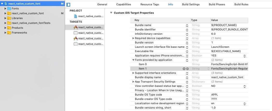 RN(React Native) apply custom font to ios - add font to Info.plist