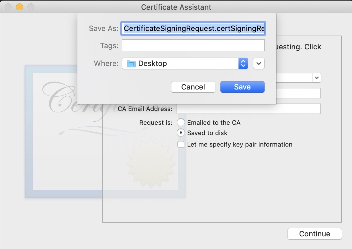 APNS(Apple Push Notification Service) - request a certificate from a certicate authority save certification