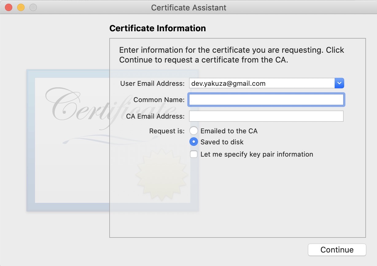 APNS(Apple Push Notification Service) - request a certificate from a certificate authority insert information