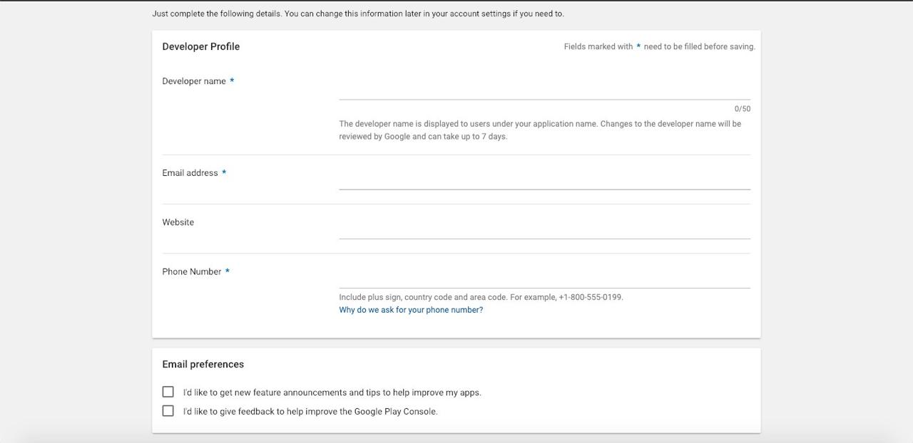 안드로이드 개발자, 구글 플레이 개발자 정보 입력