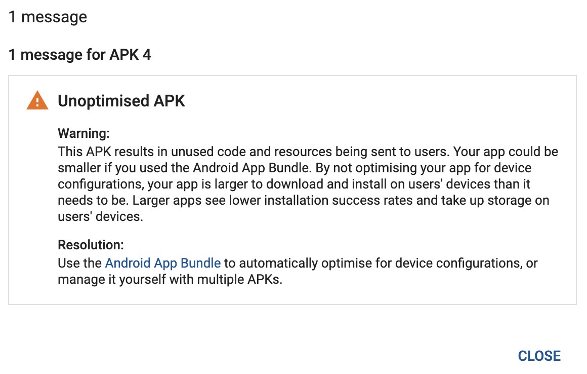 unoptimized apk android app bundle 경고