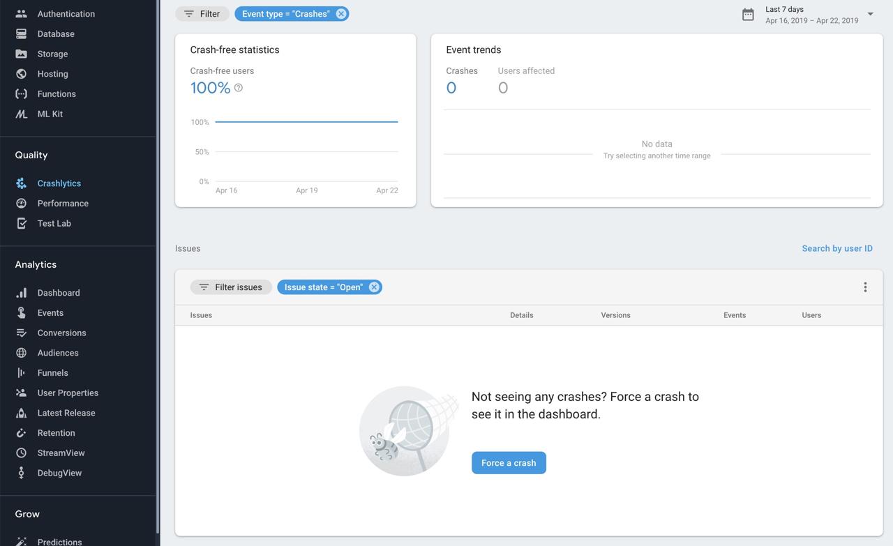 Firbase Console Crashlytics dashboard