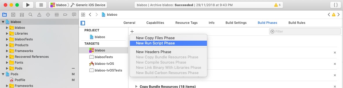 new run script menu on build phases